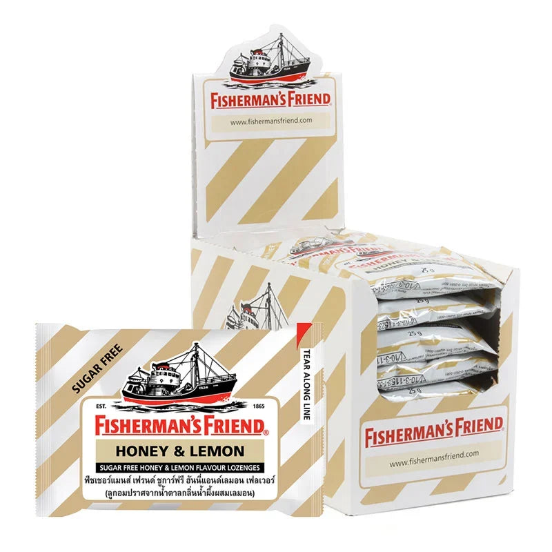 Fisherman's Friend Honey Lemon lozenges in a clear package, part of dry grocery snacks and confectionery by FISHERMAN'S FRIEND.