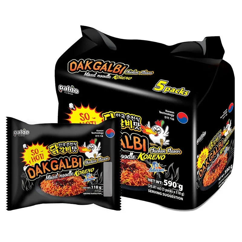 Paldo Koreno Dakgalbi Chicken Instant Noodle pack, 118g x5, dry grocery product with spicy Korean chicken flavor noodles.