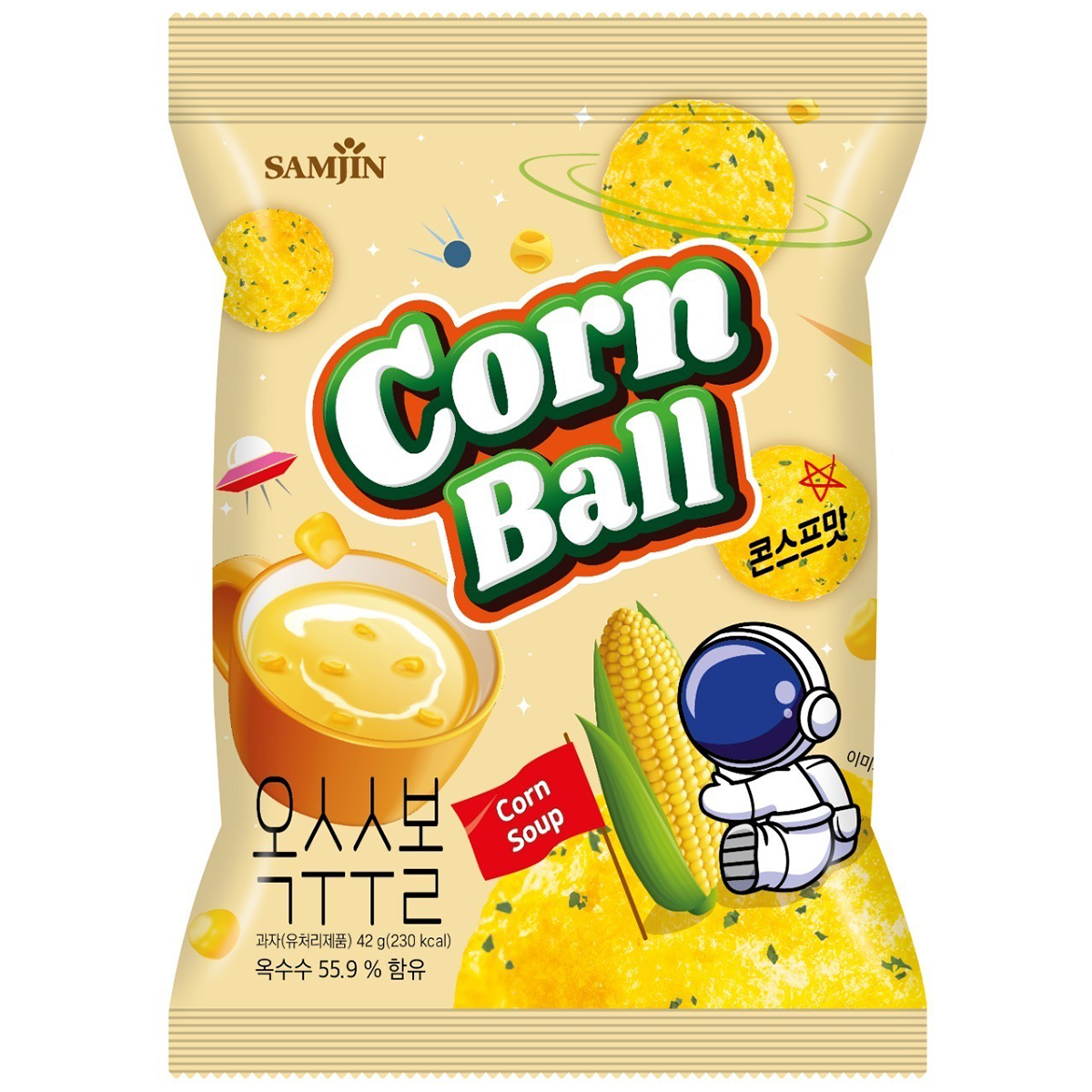 Samjin Corn Ball confectionery snack showing golden, crispy corn snack balls in a close-up view.