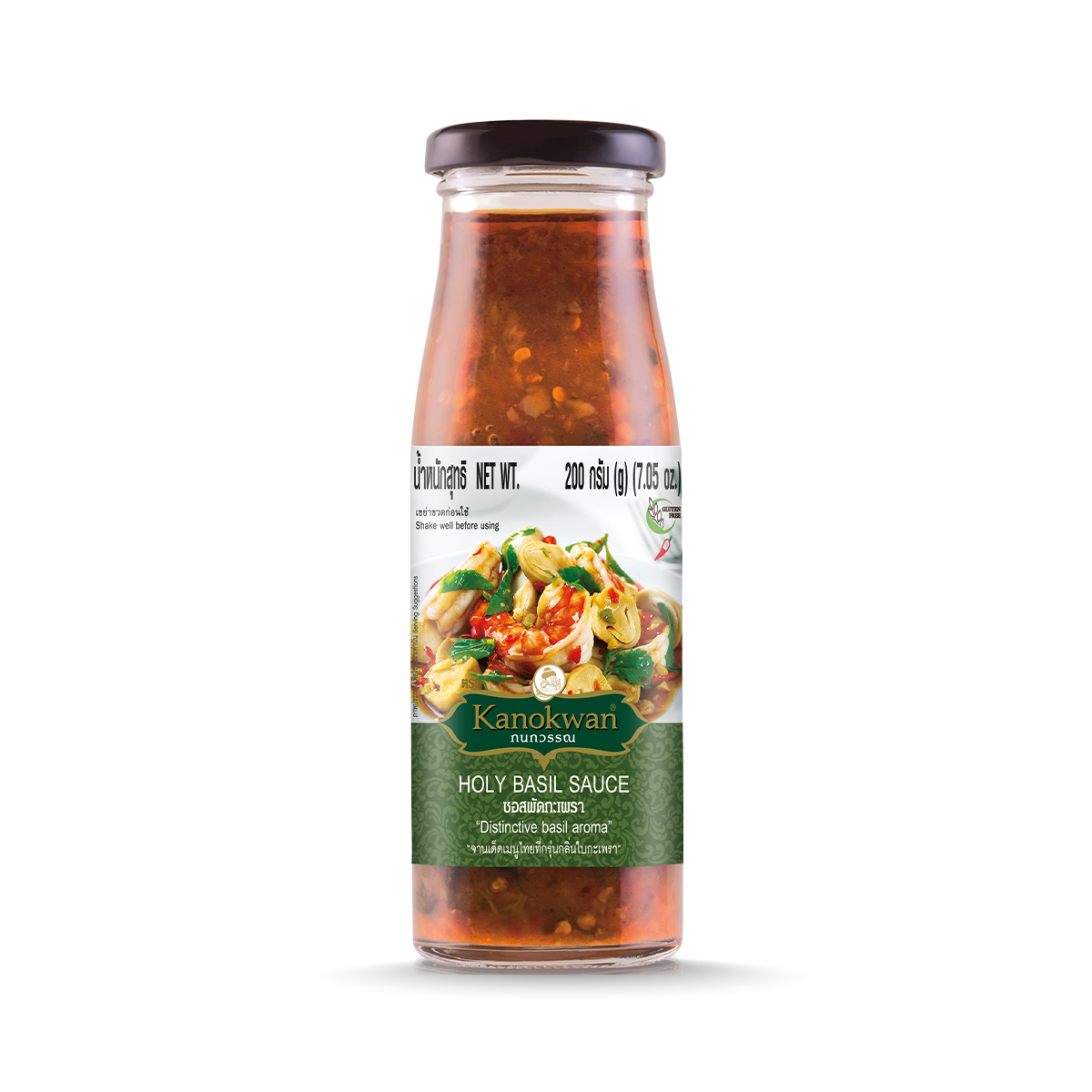 Bottle of Kanokwan Holy Basil Sauce from the grocery aisle, with label showing basil leaves and Thai-inspired branding.