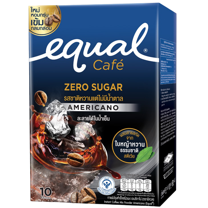 Equal Americano instant coffee mix powder in a jar, ready to prepare a quick and flavorful coffee drink.