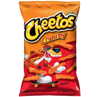 Crispy cheesy Cheetos snack in bright orange packaging, showcasing crunchy, cheesy flavored confectionery snacks.