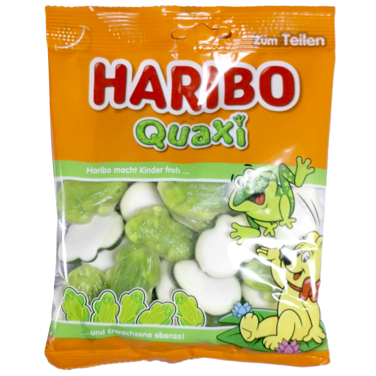 Haribo Quaxi Froschil confectionery snacks featuring colorful, frog-shaped gummy candies in bright hues.