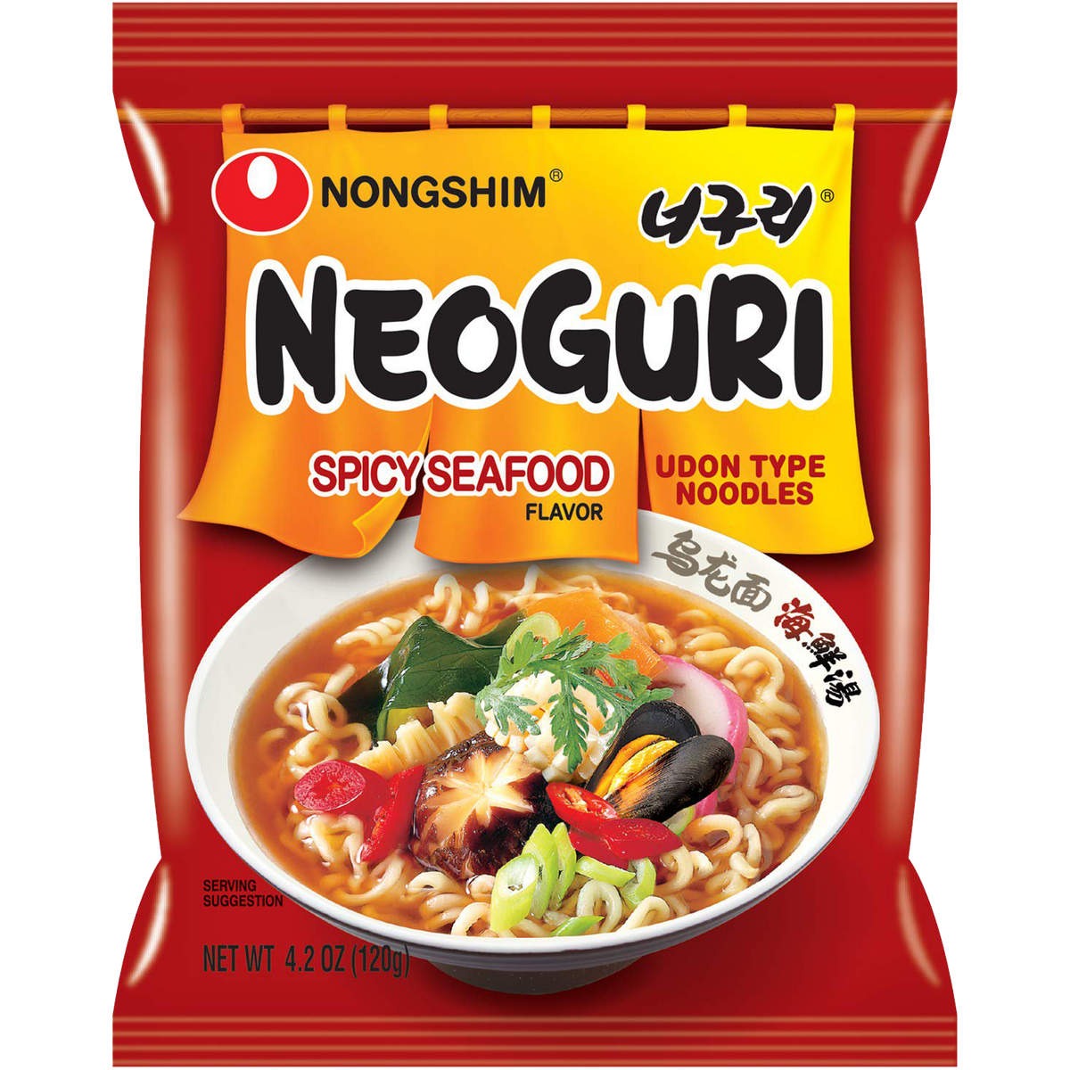 Nong Shim Neoguri Udon spicy seafood noodles in a bowl, showcasing the flavorful, seasoned noodles with seafood pieces.