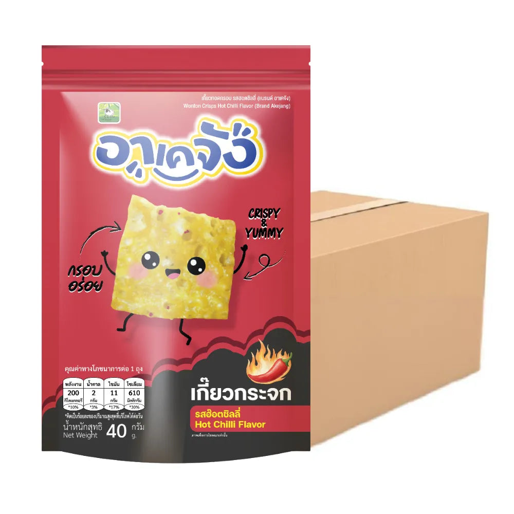 Akejang Glass Dumplings Crispy Box Set with Hot Chilli Flavor, 40g, savory snack confectionery in a colorful packaging.