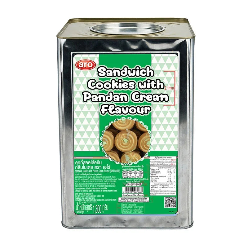 ARO Sandwich Cookies Pandan Cream, 1.3kg, dry grocery snack with green pandan-flavored cream filling and crispy cookie layers.