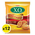 X.O. Butter Caramel Candy pack with 12 pieces, 17.6g each, shown in a close-up of the individually wrapped caramel snacks.