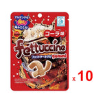 Bourbon Fettuccine Gummy candies with concentrated lemon juice, dry snack confectionery in colorful packaging.