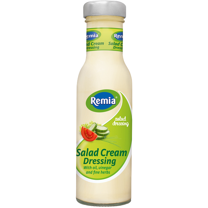 Remia Salad Cream bottle with white label and green cap, displayed on a grocery store shelf.