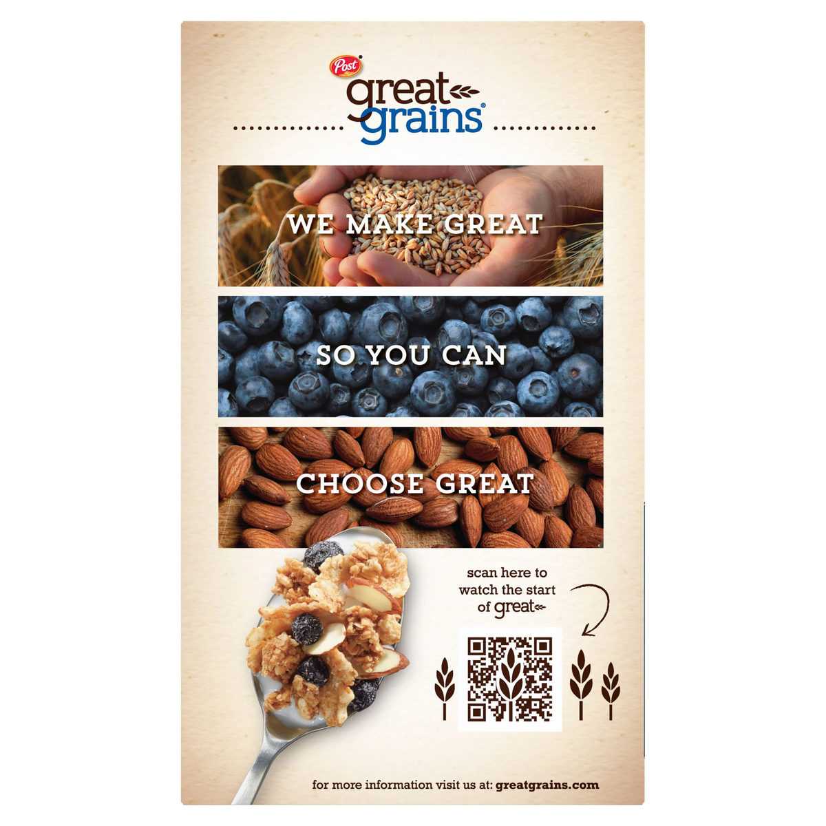 Post Great Grains Blueberry Nut Crunch cereal in a bowl with blueberries and nuts, showcasing the colorful cereal with a spoon.