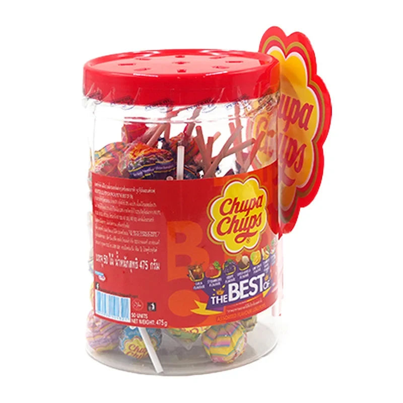 Chupa Chups lolipop pack containing 50 fruity flavored 9.5g lollipops from the confectionery snack collection.