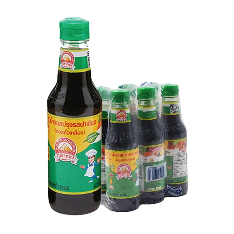 Golden Mountain Seasoning Sauce in green cap, 200ml bottle, shown in a pack of six, ideal for enhancing Asian dishes.