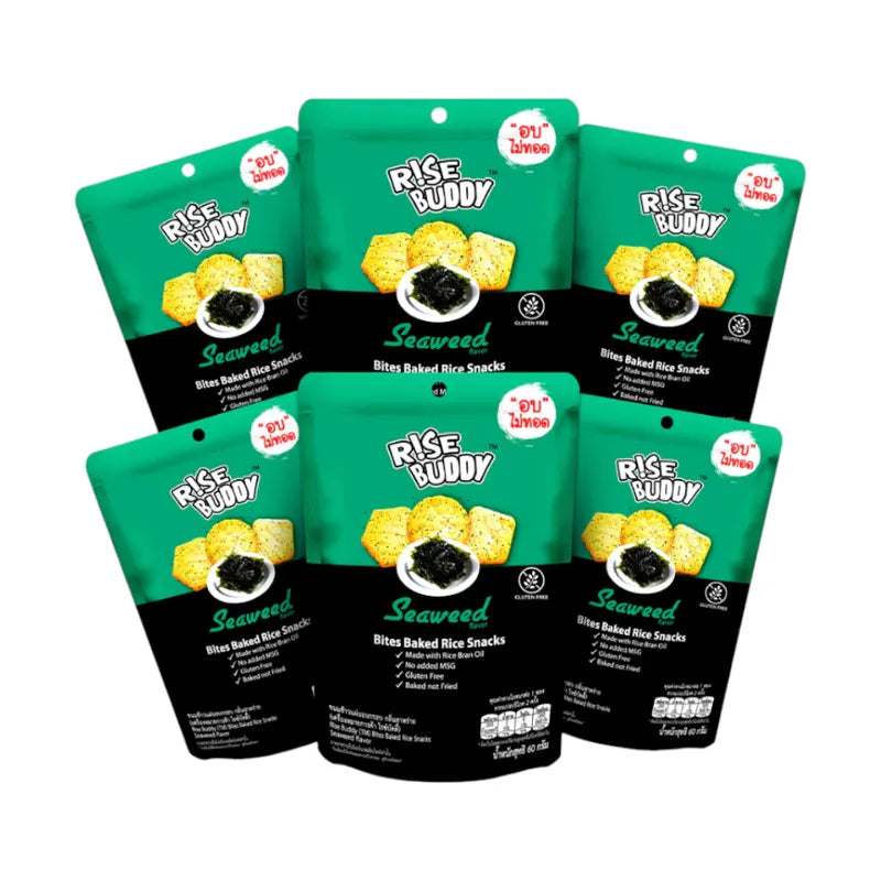 Rise Buddy Crispy Rice Snacks in a clear package, a crunchy dry grocery snack from the Rise Buddy brand.