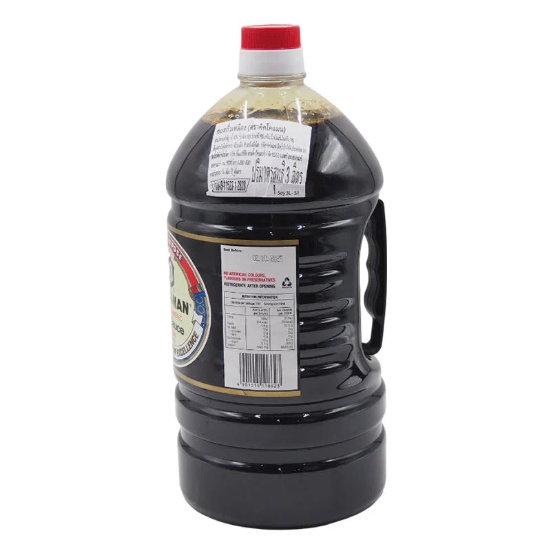 Kikkoman Soy Sauce 3L bottle in a clear plastic container, ideal for cooking and seasoning in the kitchen.