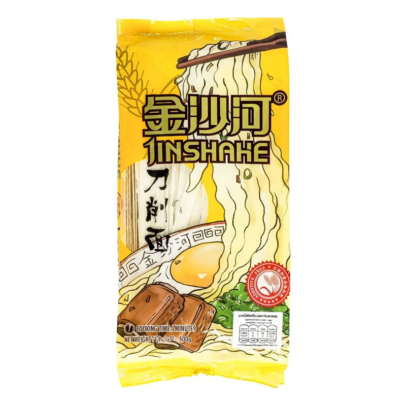 Jinshahe wide dried noodles in 500g package, showing fresh, uncooked yellow noodles in a clear plastic bag.