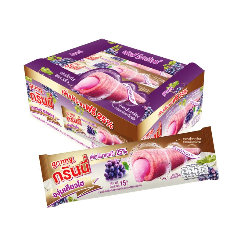 GRINNY Kyoho grape coated snack filled with cream, 15g x3, a dry grocery confectionery snack with grape and cream filling.
