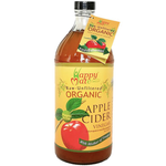 Bottle of Happy Mate Raw Organic Apple Cider Vinegar with label, showcasing healthy natural product for wellness.