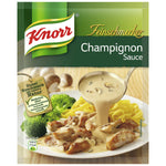 Creamy Knorr Champignon Sauce in a jar, ideal for enhancing pasta and meat dishes with mushroom flavor.