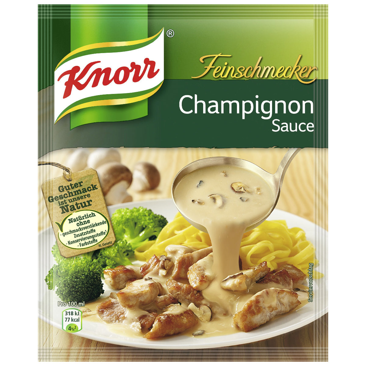 Creamy Knorr Champignon Sauce in a jar, ideal for enhancing pasta and meat dishes with mushroom flavor.