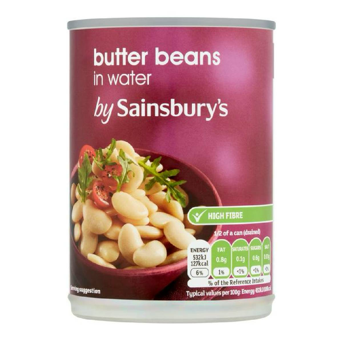 Sainsbury's butter beans in water in a can, showing the label and product details on the packaging.