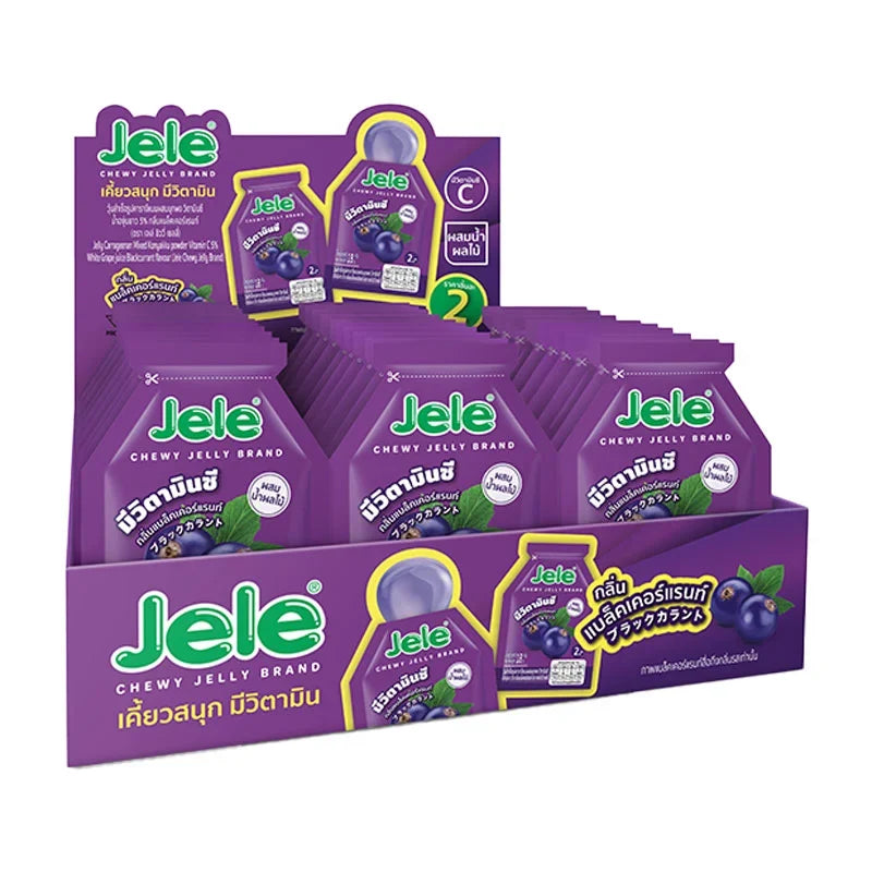 Jele Chewy Jelly Blackcurrant snack pack, 18g x30, featuring colorful jelly candies with blackcurrant flavor in clear snack packaging.