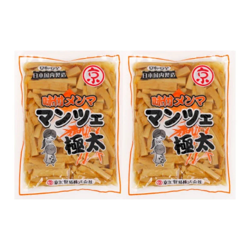 Keihin seasoned ajitsuke menma bamboo shoot, extra thick, dry grocery product with chopped bamboo shoots in a jar.