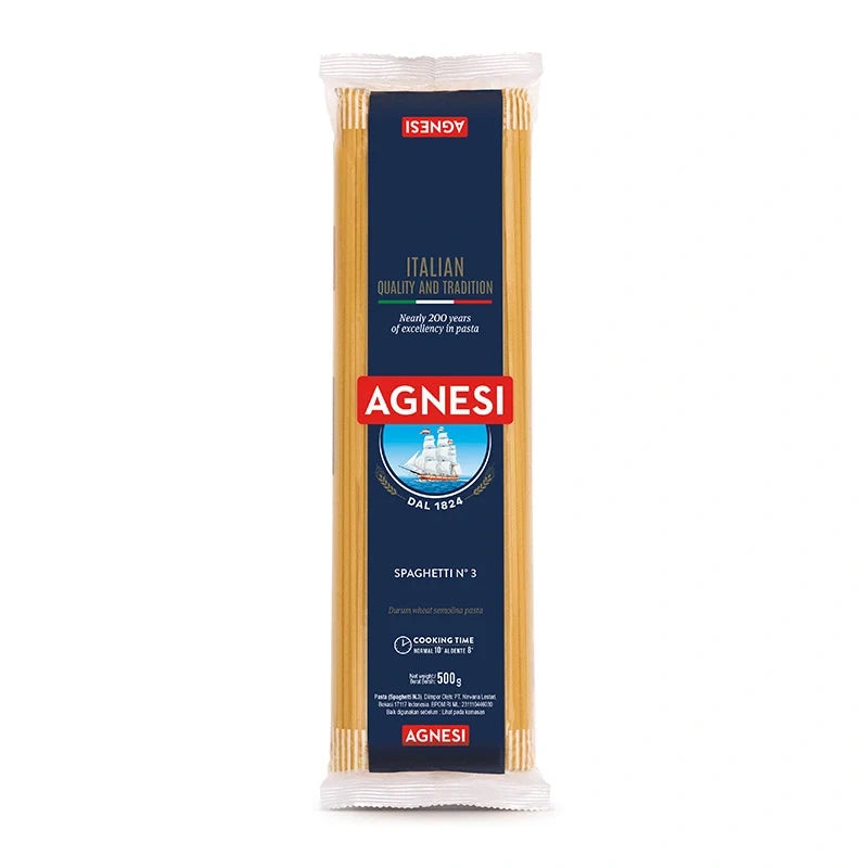 Dry Agnesi Spaghetti No.3 in 500g package, featuring long, thin Italian pasta strands from the Agnesi brand.