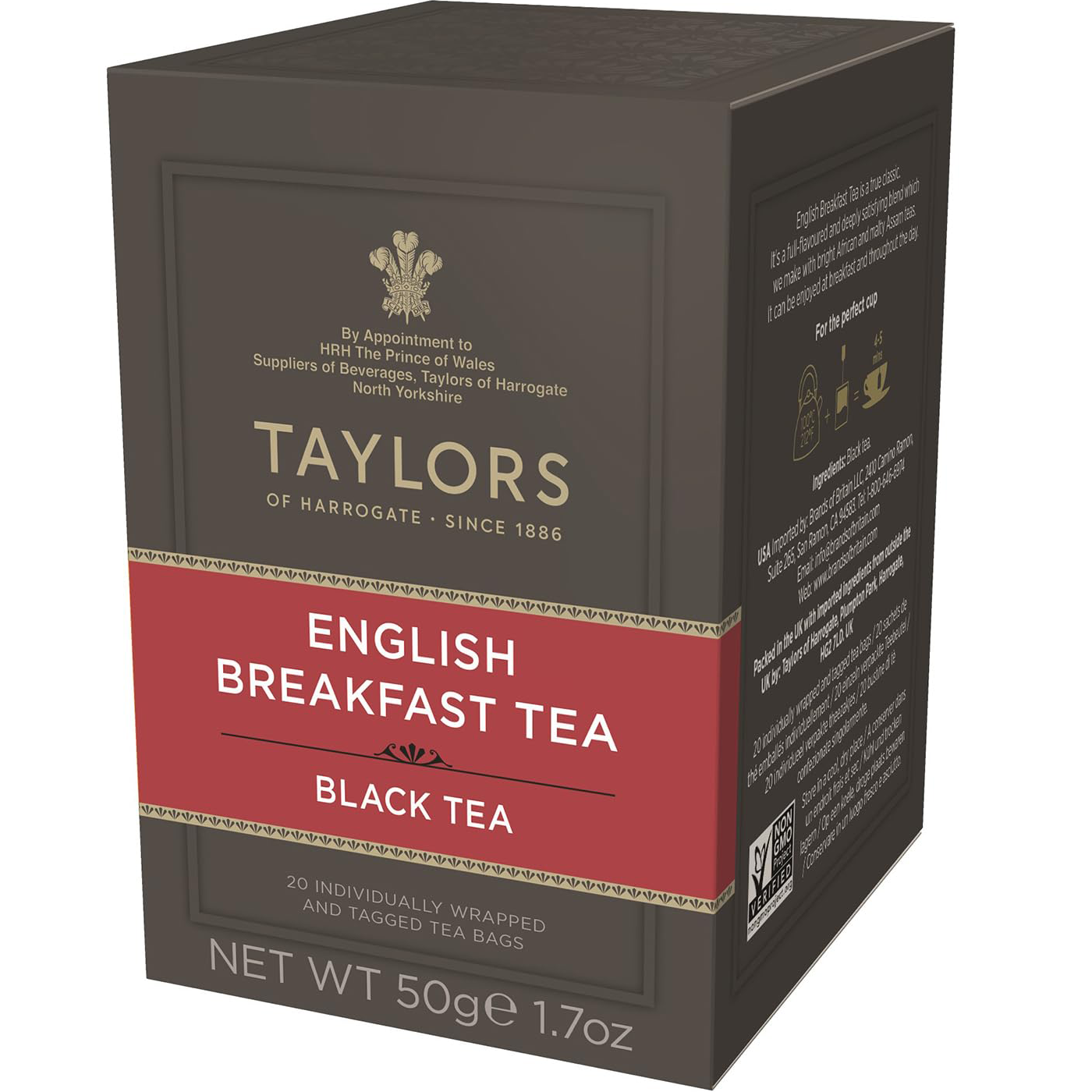 A box of Taylors English Breakfast Tea drink with a clear label, featuring a glass mug of brewed tea next to the packaging.