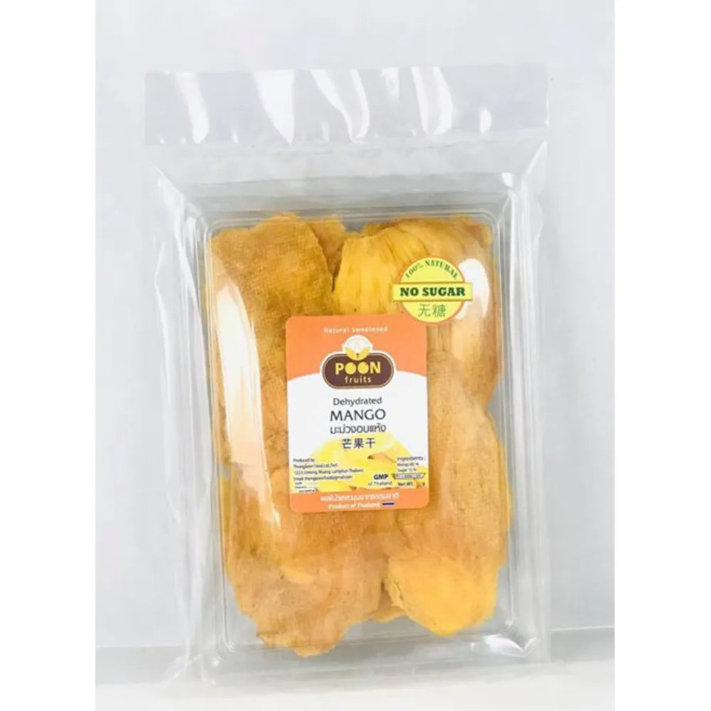 Thong Poon dried mango in 200g sugar-free package, natural Thai snack in a resealable bag, dry grocery product.