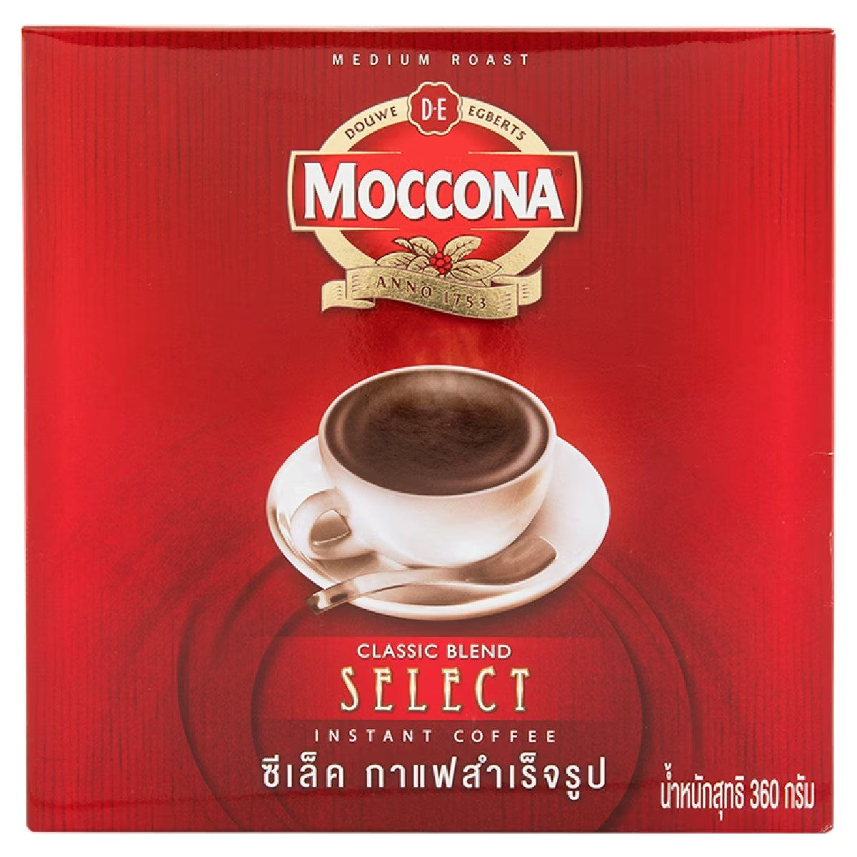 Moccona Select instant coffee drink served in a clear glass cup with a frothy top and coffee beans in the background.