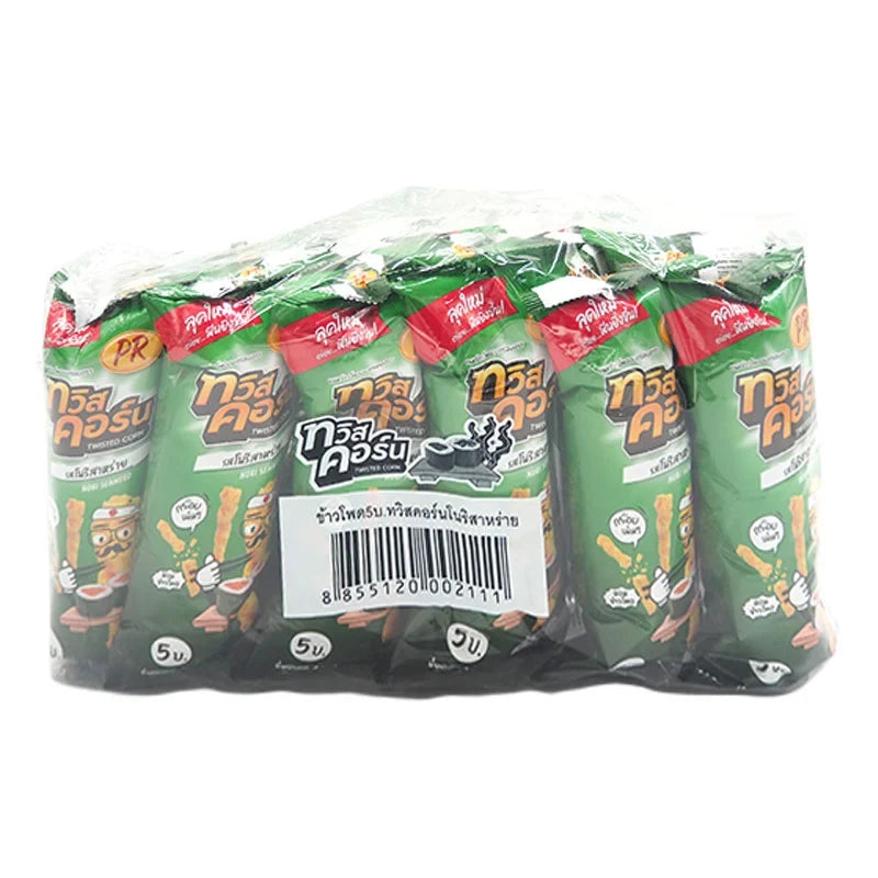 PR Twist Corn Snack in Nori Seaweed flavor, 18g packs, featuring crunchy corn snacks with seaweed seasoning.