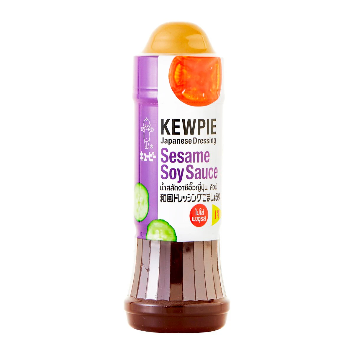 Kewpie Sesame Soy Sauce bottle with label, featuring dark soy sauce and sesame oil ingredients, on a white background.