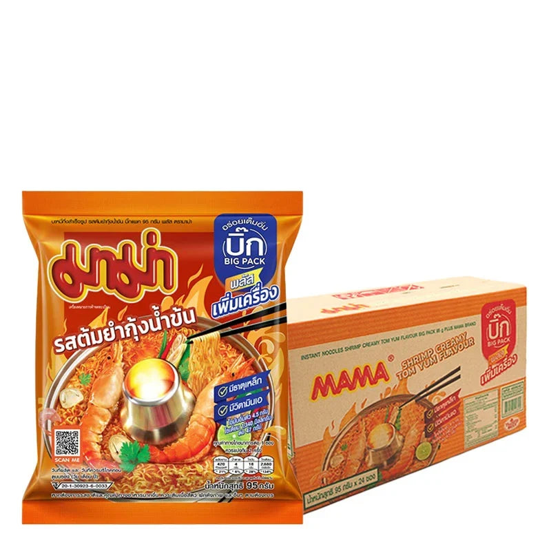 MAMA Big Pack Instant Noodle Creamy Shrimp Tom Yum 95g, dry grocery product, showing the noodle package with shrimp flavor.