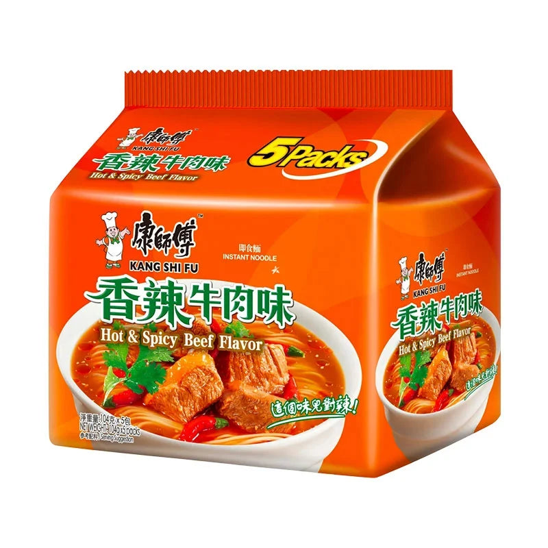Kang Shi Fu Hot and Spicy Beef dry grocery package with five 104g packs, featuring spicy beef snack packaging.