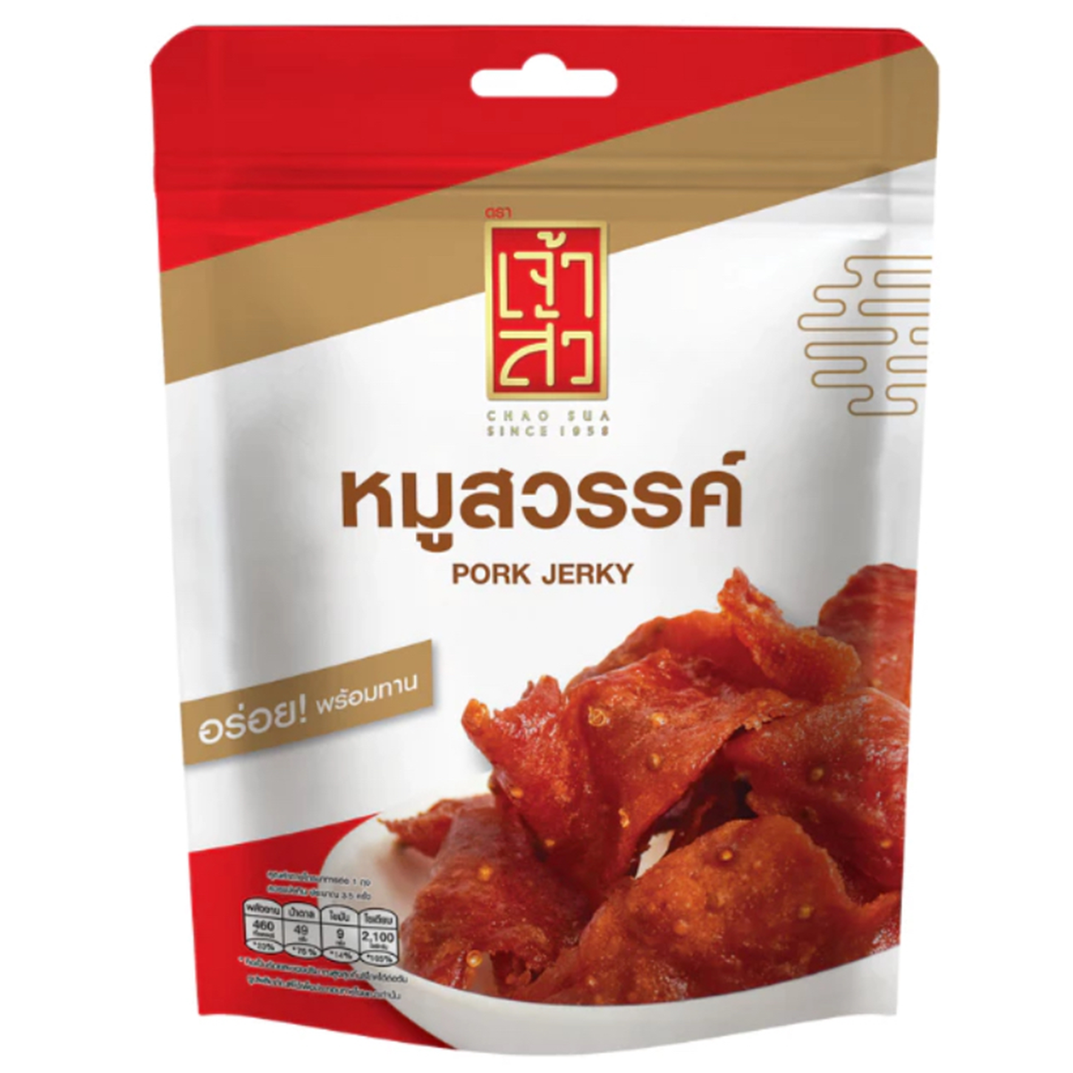 Chao Sua Pork Jecky confectionery snack package with colorful branding and images of pork jerky slices.