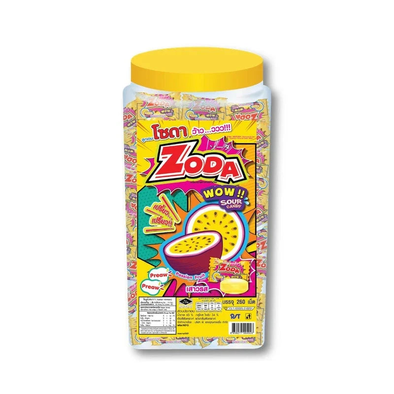 Zoda WOW Passion Fruit Candy in a 737.5g bag, colorful dry grocery snack with passion fruit flavor from ZODA WOW brand.