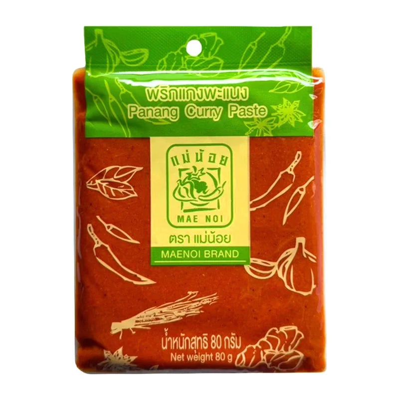 Maenoi Panang Curry Paste 80g jar, Thai dry grocery product with vibrant red chili and aromatic herbs visible in the image.