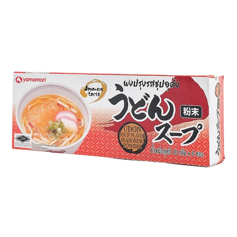 Yamamori Udon Soup Powder 10g packs, dry grocery product, showing eight individual seasoning packets for udon noodle soup.