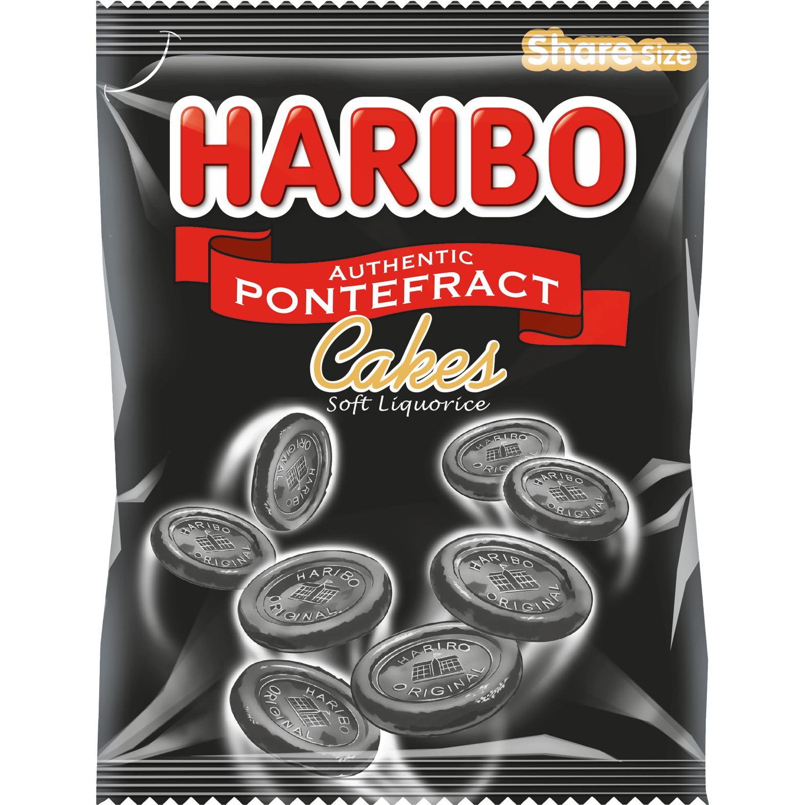 Haribo Pontefract Cakes soft liquorice gummies, chewy confectionery snacks in a colorful package.