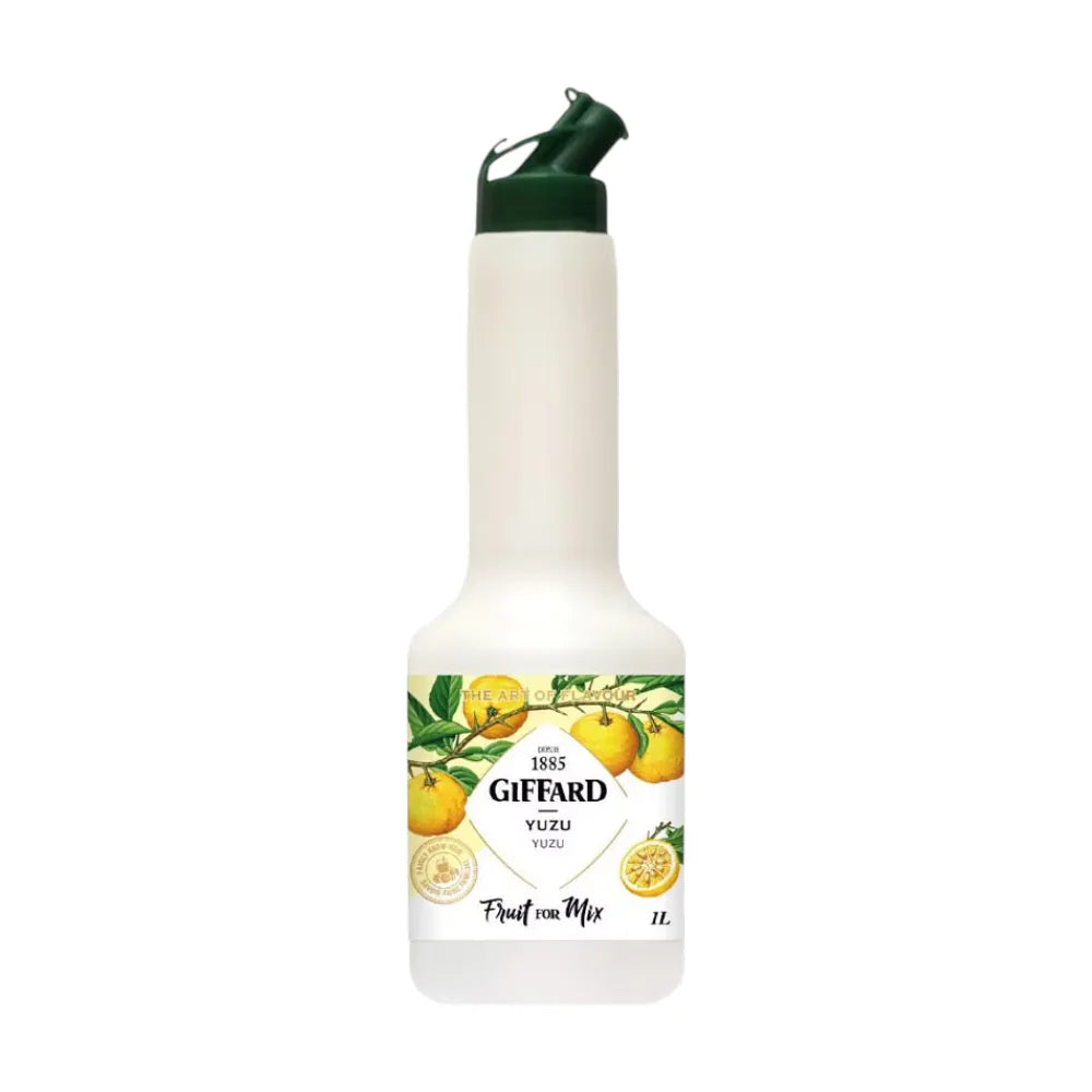 Giffard Fruit Mix Yuzu 1L bottle, citrus-flavored yuzu juice for cooking and beverages, in a clear plastic bottle.