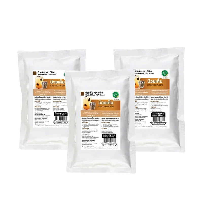 Three bags of TEA Salted Dried Plum, a dry grocery snack, showcasing the packaging of the salted dried fruit product.