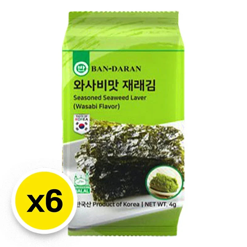 Bandaran seasoned seaweed with wasabi flavor in a 4g package, dry grocery snack with green seaweed sheets and wasabi seasoning