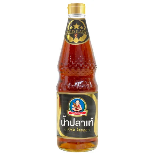 Deksomboon Fish Sauce Gold Label 700ml bottle, a popular Thai dry grocery condiment for cooking and flavoring dishes.