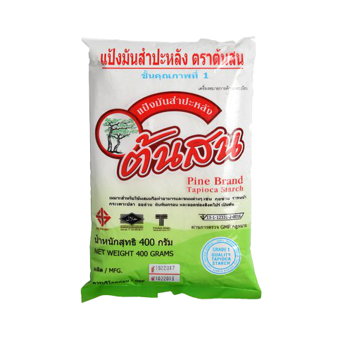 Pine Brand Potato Starch in a clear container, showing the white powder used as a thickening agent in cooking and baking.