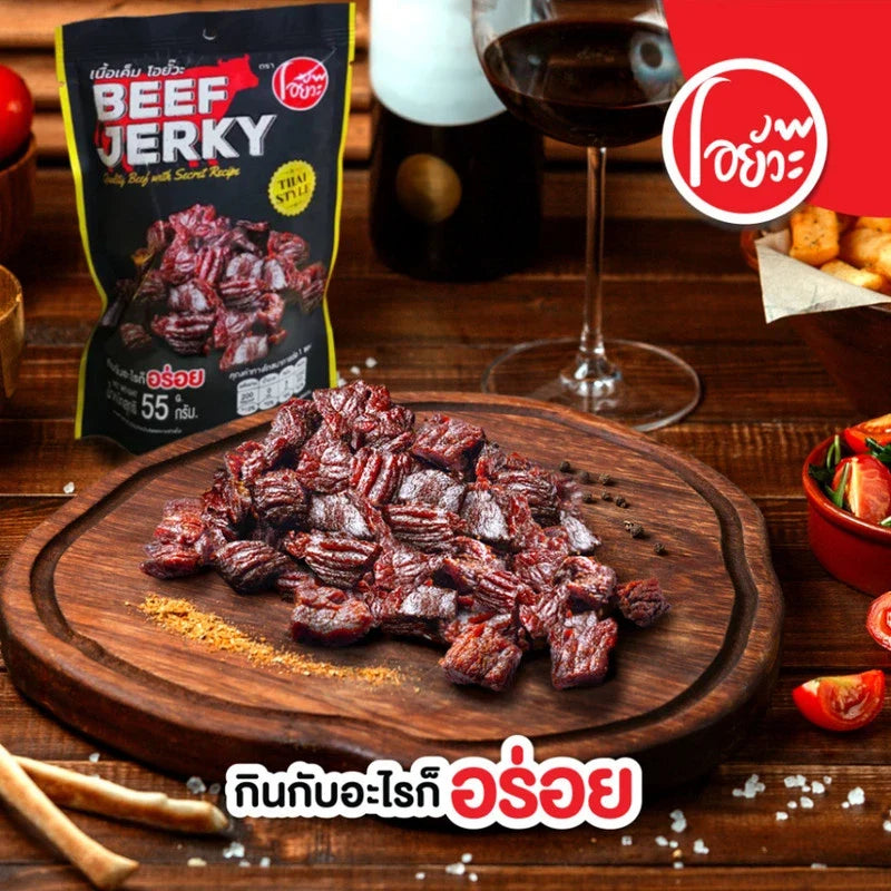 O-YUA Salty Beef Jerky snack with secret recipe, showcasing chewy beef slices in a transparent package.