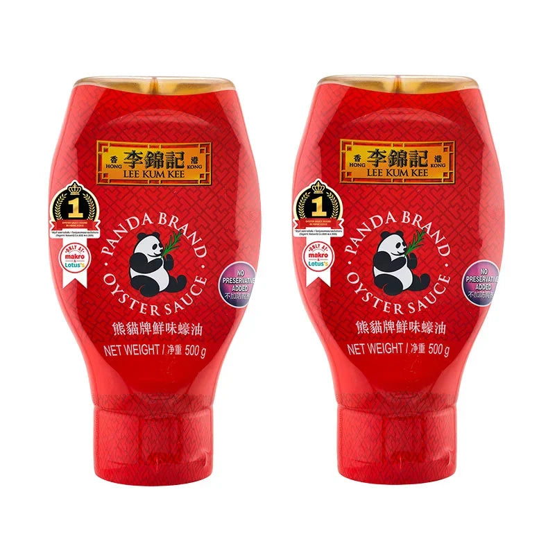 LEE KUM KEE Panda Oyster Sauce 500g bottles, two jars of Asian dry grocery condiment with dark, rich oyster sauce for cooking.