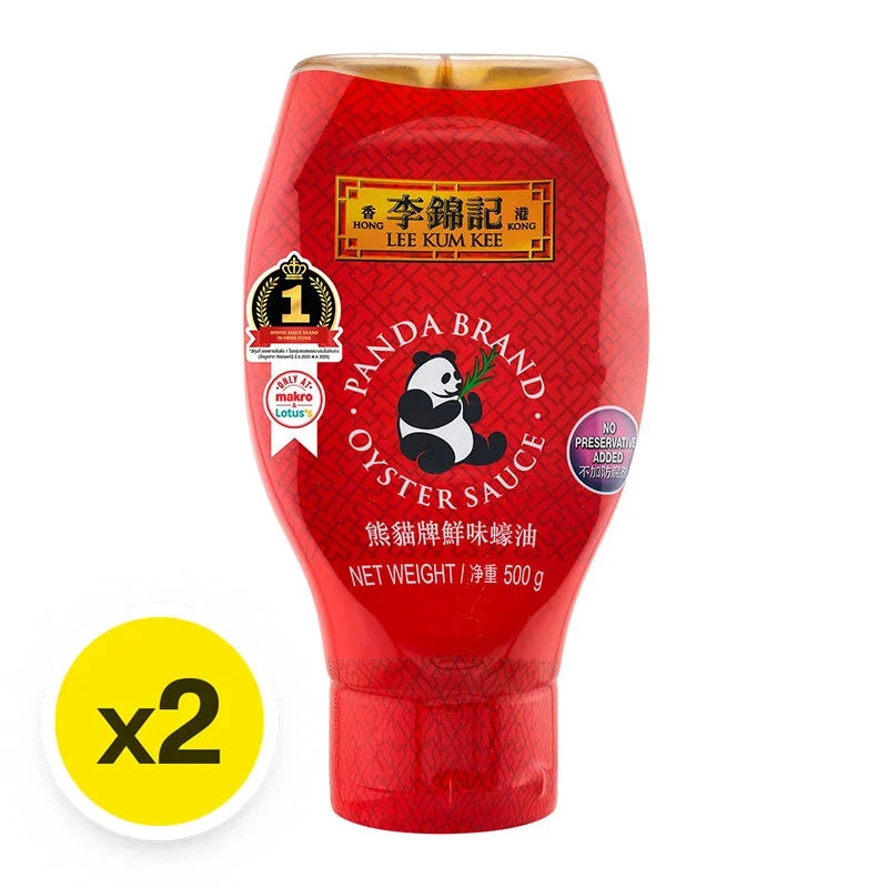 LEE KUM KEE Panda Oyster Sauce 500g bottles, showing the dark soy sauce with panda branding, used in Asian cooking.