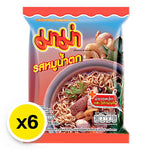 Mama Moo Nam Tok Flavour Instant Noodles 55g x6 pack, dry grocery product with spicy beef flavor and noodles in a colorful package.