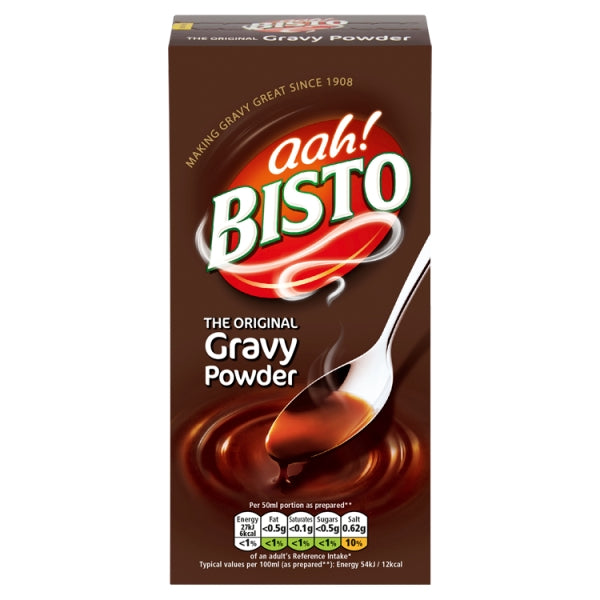 Bisto gravy powder in a jar, grocery product with a scoop, used for making flavorful gravy and sauces.