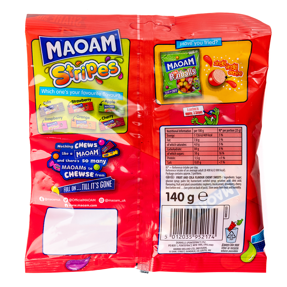 Colorful Maoam Stripes confectionery snacks in various fruit flavors, showcasing the vibrant, chewy candy from Maoam.